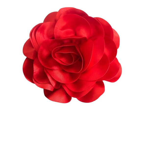 Red Satin Rose Hair Clip Brooch Pin Flower Combo Accessory For Women 8" Across - Picture 1 of 5